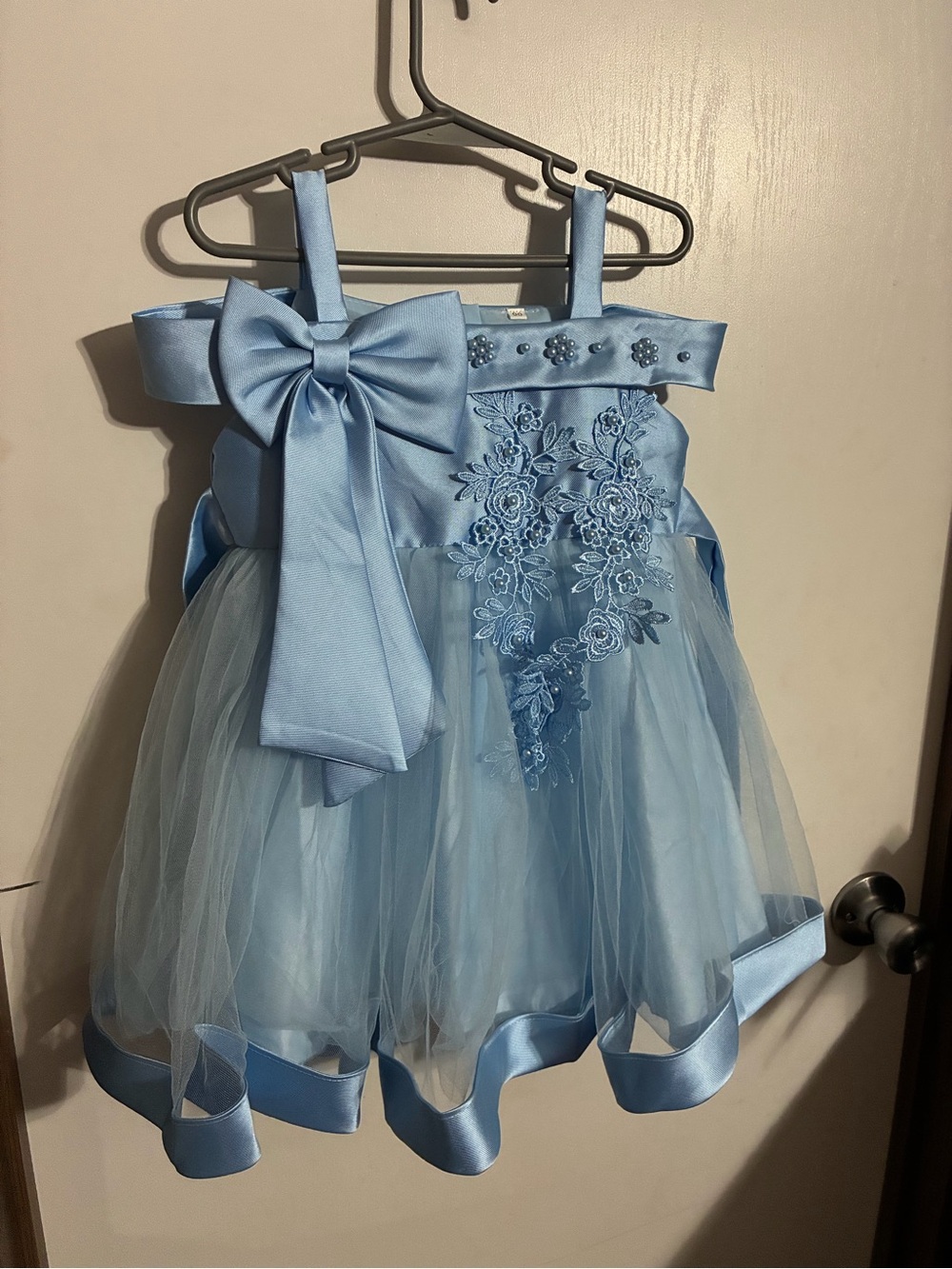 Light Blue Tulle Floral Applique Girls' Party Dress with Bow
